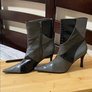 Grey, leather patchwork ankle boot